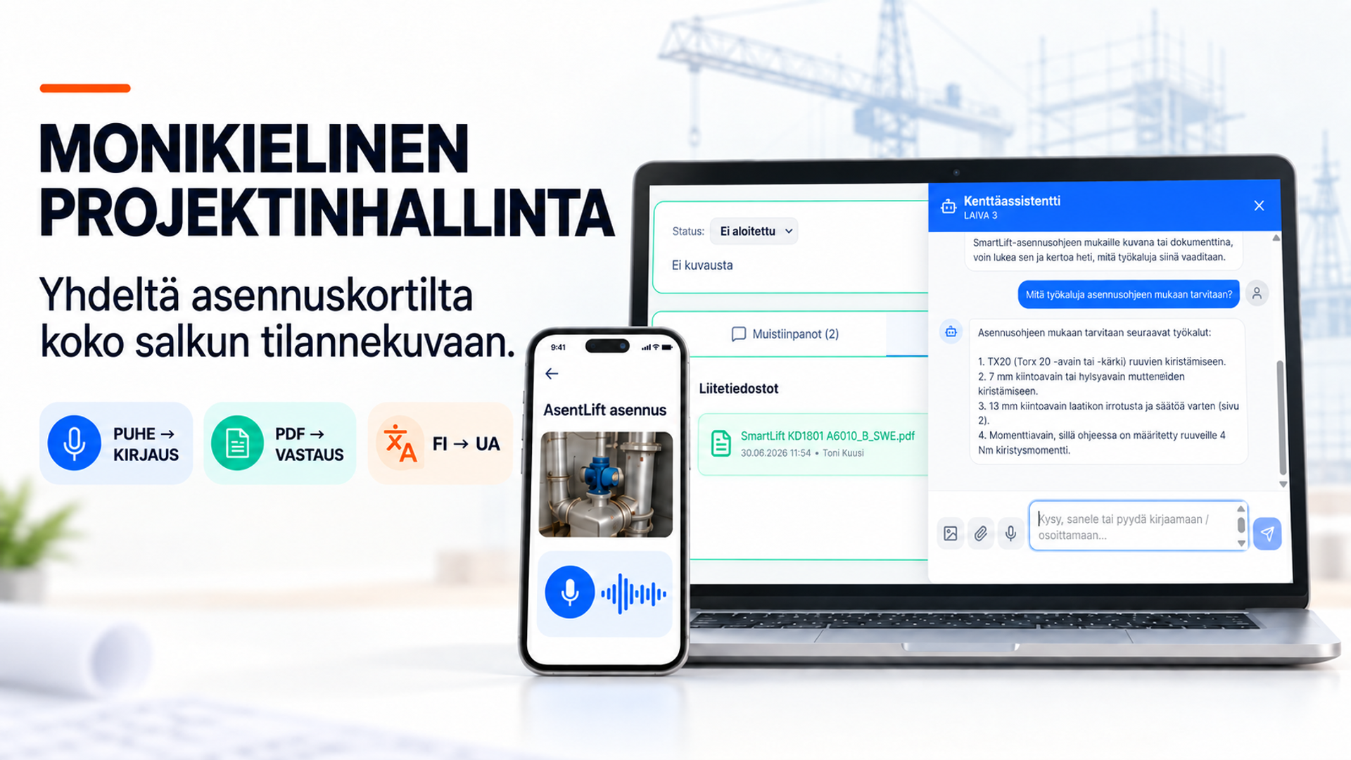Monikielinen projektinhallinta -tunnuskuva: puhe→kirjaus, PDF→vastaus ja FI→UA-käännös, kenttäassistentti läppärillä ja puhelimella