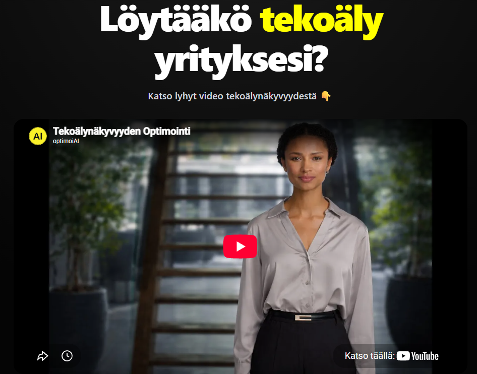 Kuvakaappaus tekoälynäkyvyysvideosta, jossa AI-avatar puhuu suomeksi