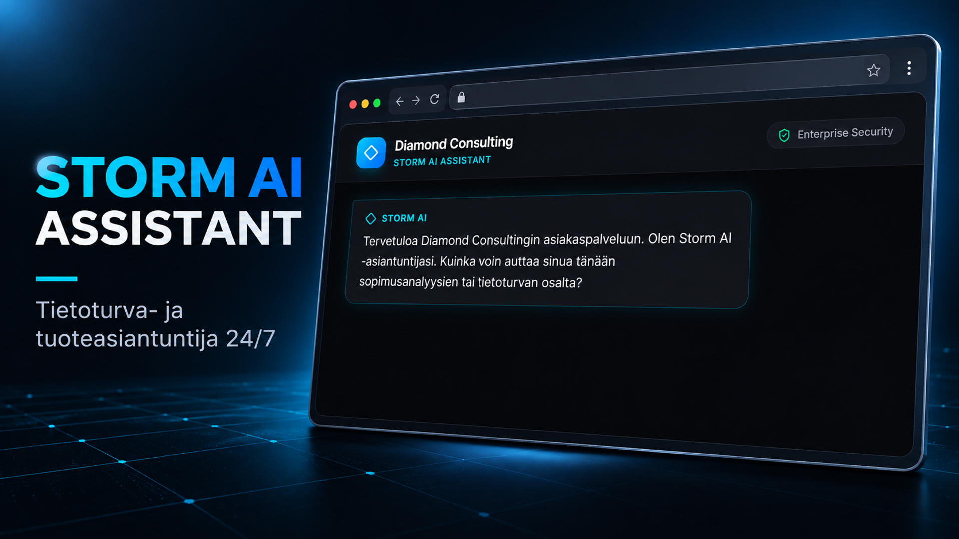 Storm AI Assistant -tunnuskuva: chat-ikkuna Diamond Consultingin sivulla ja teksti "Tietoturva- ja tuoteasiantuntija 24/7"