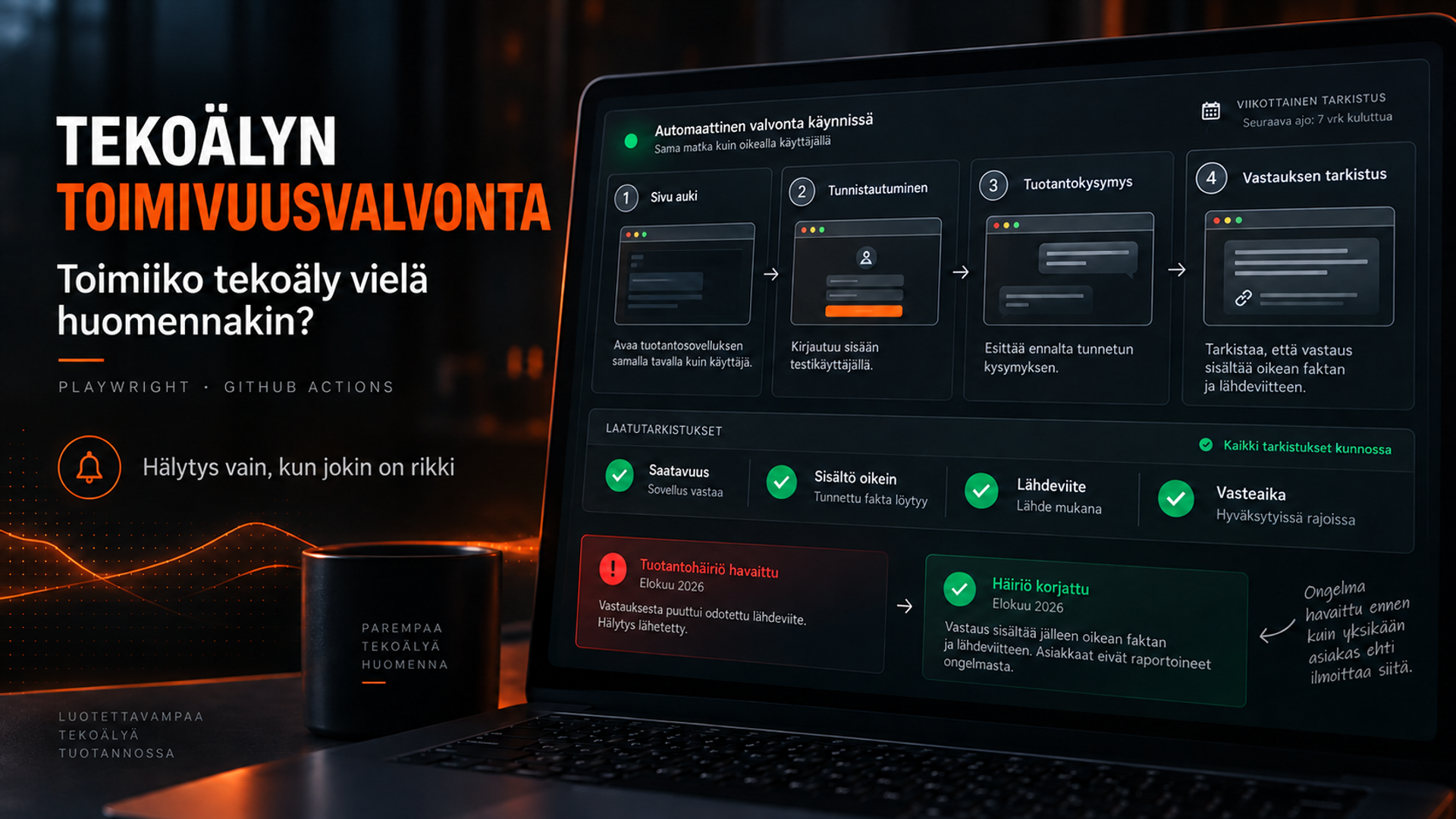 Tekoälyn toimivuusvalvonta -tunnuskuva: nelivaiheinen automaattitarkistus ja esimerkki tuotantohäiriön havaitsemisesta ja korjaamisesta